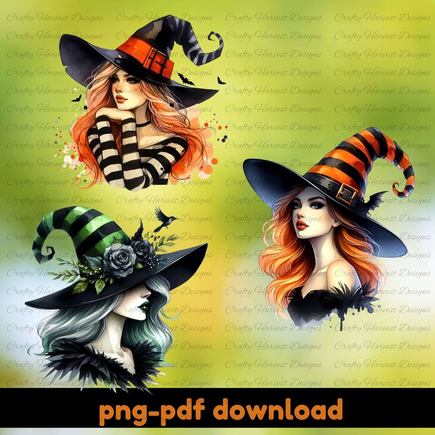 Three witch illustrations with colorful hats on a yellow background, featuring the brand 'Crafty Harvest Designs'.