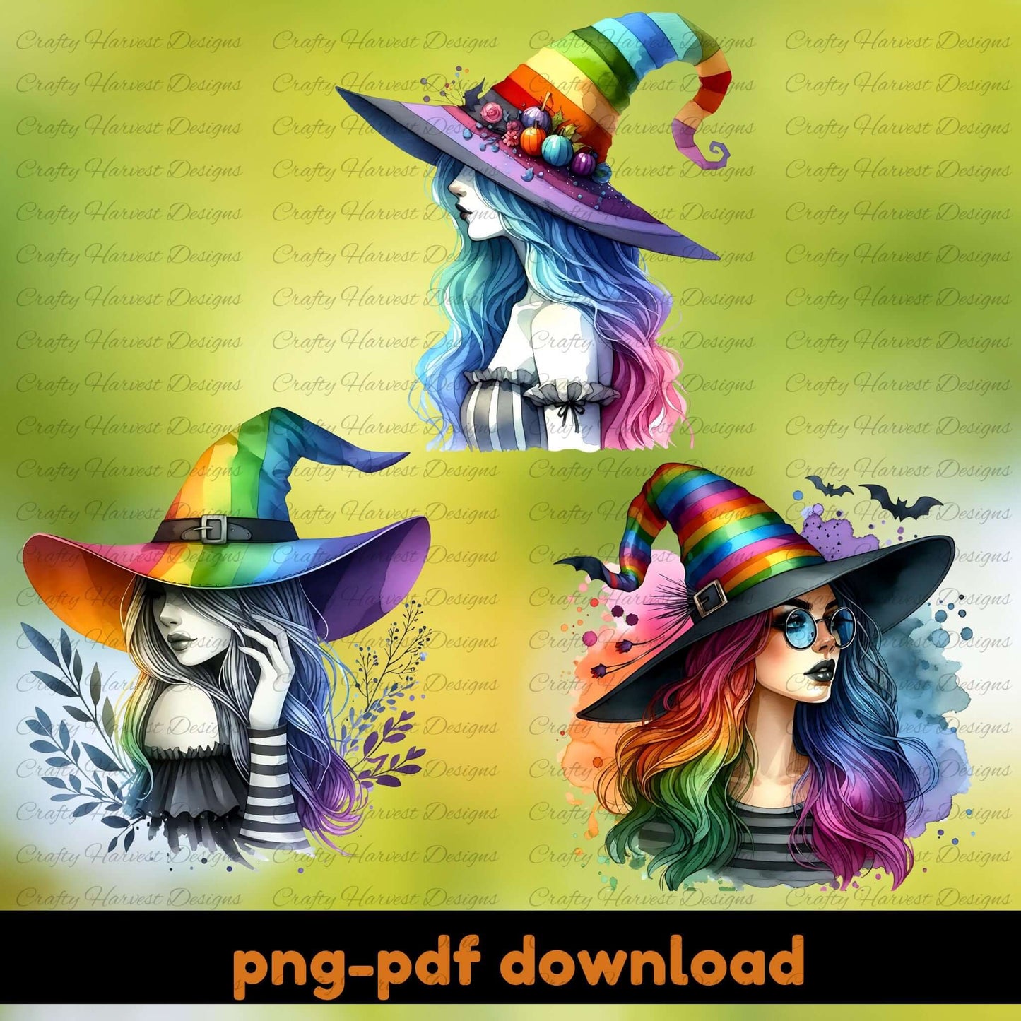 Three witch illustrations with colorful hats on a yellow background, featuring the brand 'Crafty Harvest Designs'.