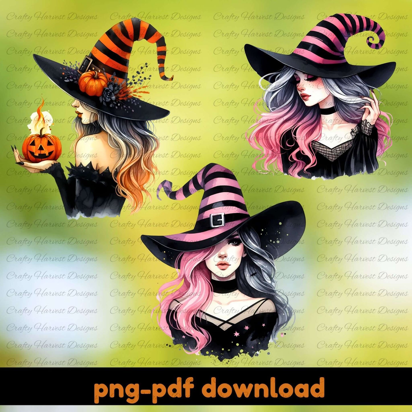 Three witch illustrations with colorful hats and pumpkin, on a green background with 'Crafty Harvest Designs' watermark.