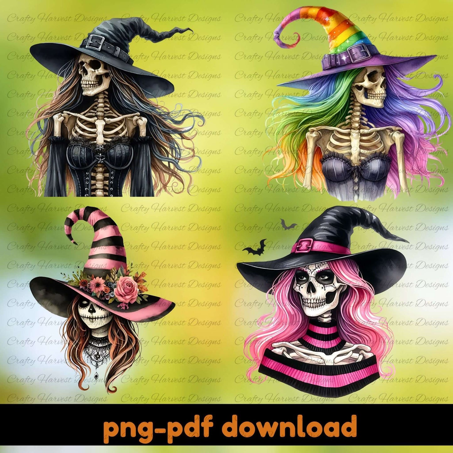 Four skeleton characters with colorful witch hats on a yellow background, featuring the brand 'Crafty Harvest Designs'.