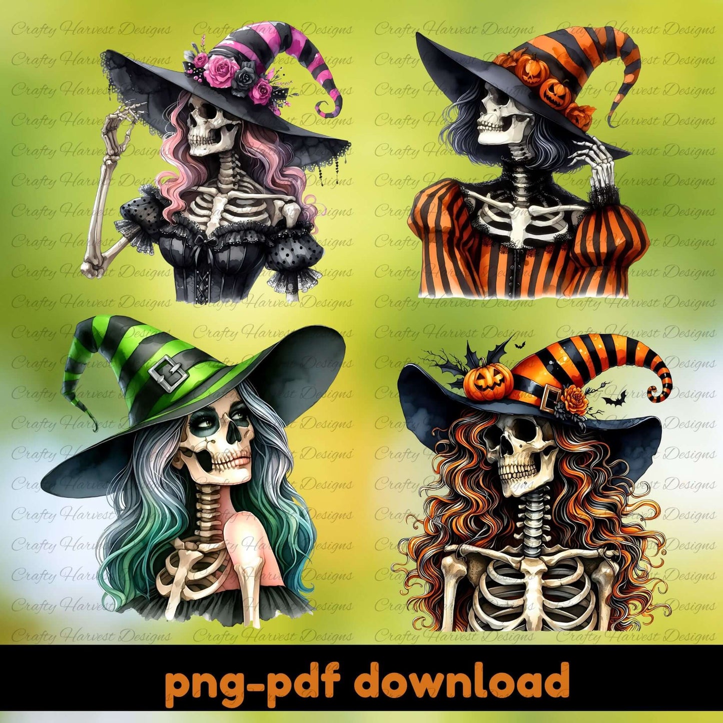 Four skeleton characters with colorful hats on a green background, with 'png-pdf download' text at the bottom.