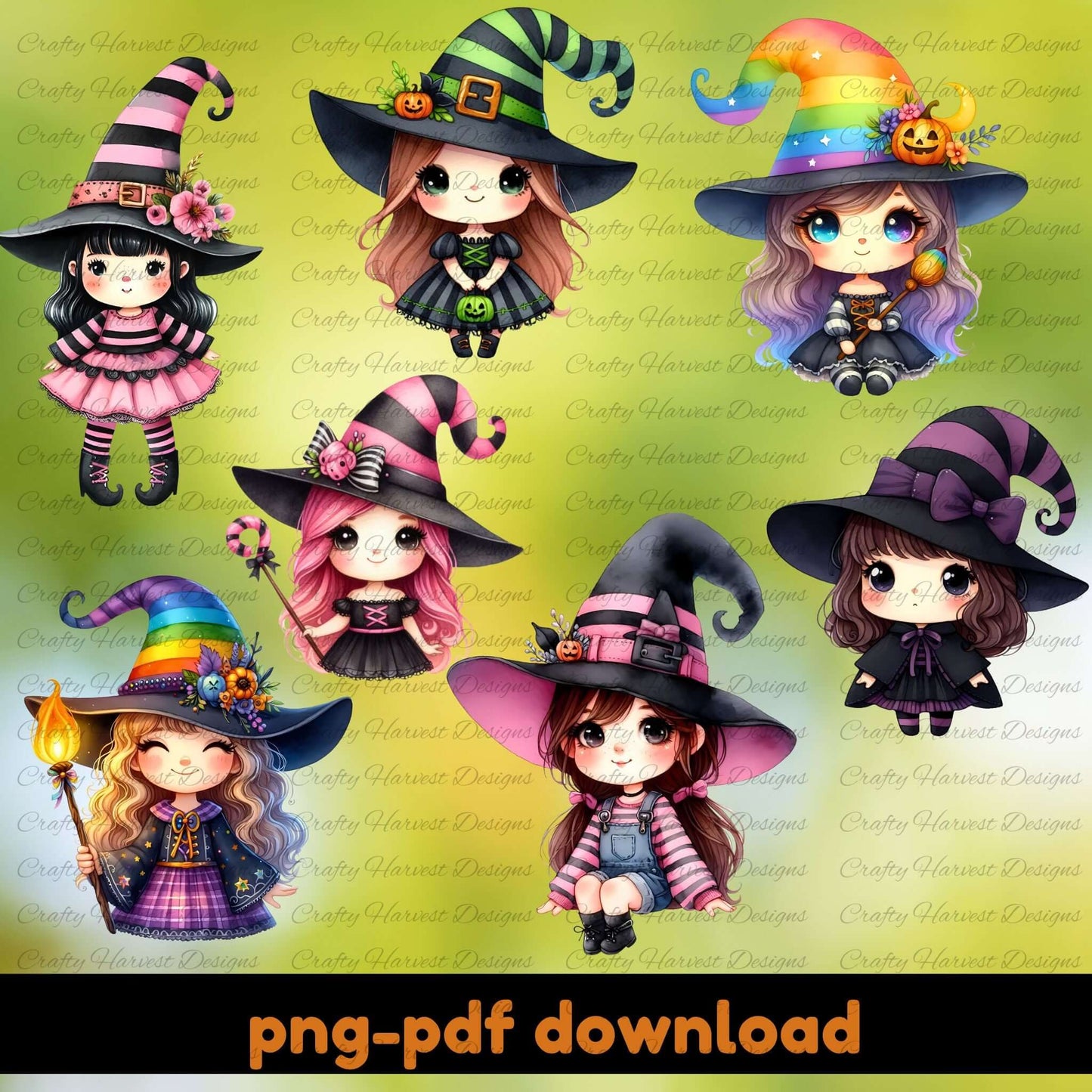 Set of cartoon witch characters with colorful hats on a green background, with text indicating PNG and PDF download options.