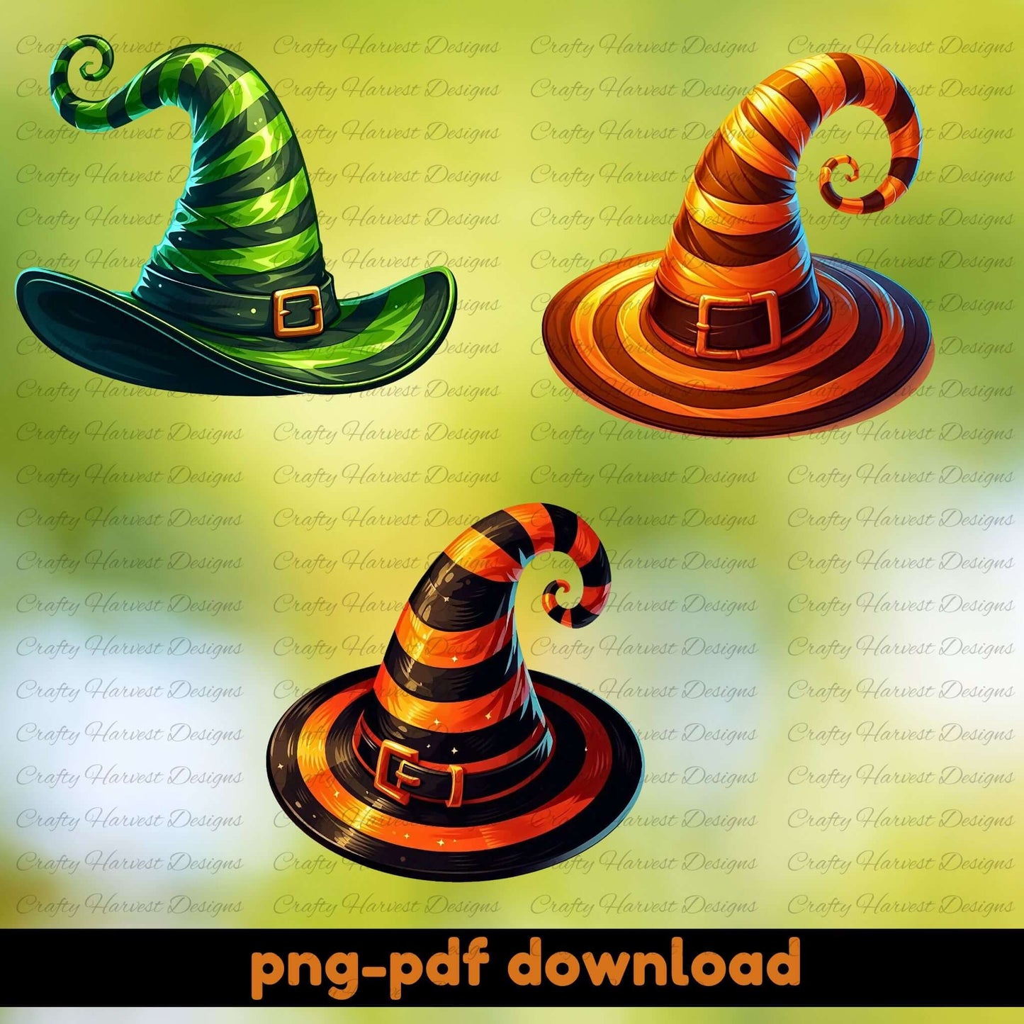 Three colorful witch hats on a green background with 'Crafty Harvest Designs' watermark.