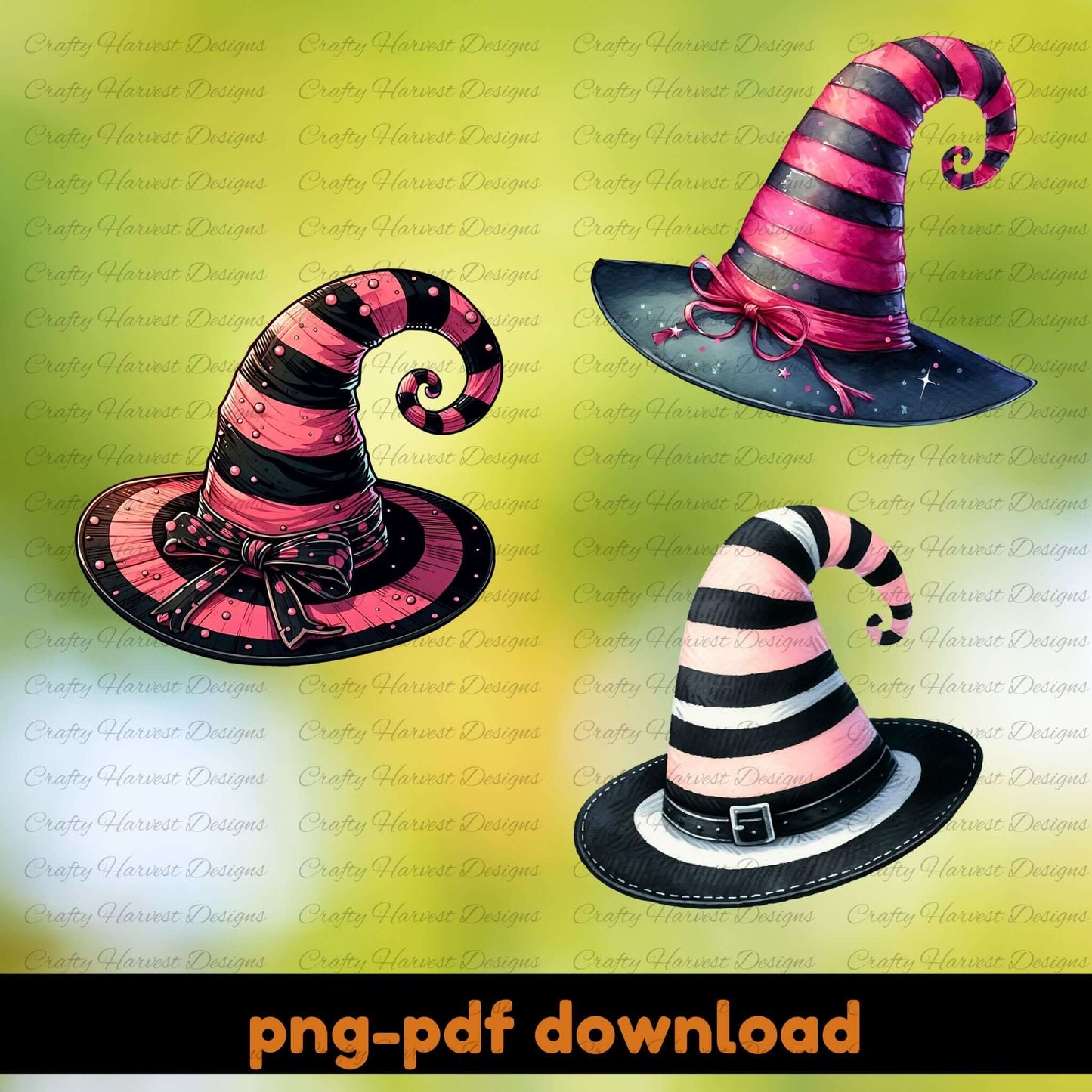 Three striped witch hats with pink and black patterns on a yellow background with 'Crafty Harvest Designs' watermark.