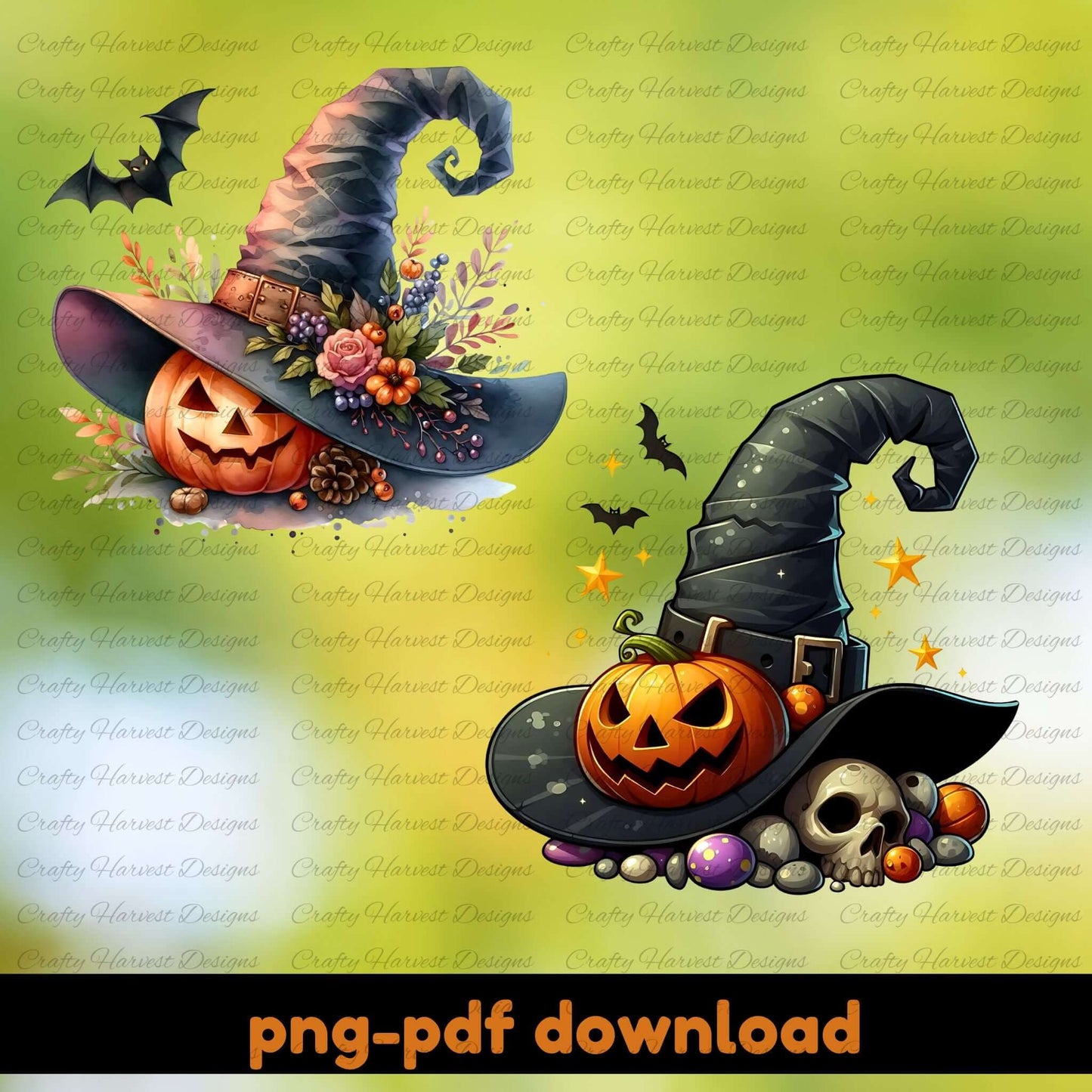 Halloween-themed designs with witch hats, pumpkins, and decorative elements on a green background.