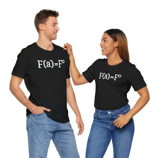 A smiling man and woman wearing matching black t-shirts featuring the “FAFO equation” design in white text. The man has his hand in his pocket while the woman playfully lifts her hand toward his shoulder. Both are standing against a plain white background.