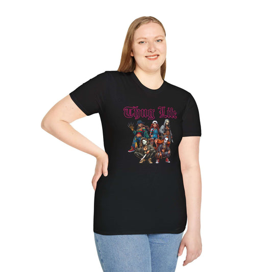 Lady Thug Life Black Font with Pink Outline Horror Character Unisex Softstyle T-Shirt