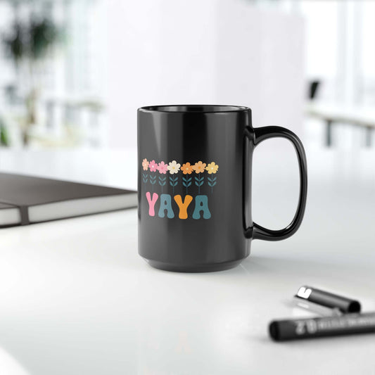 Floral Yaya Black Ceramic Mug (11oz, 15oz) | Retro Yaya Coffee Cup