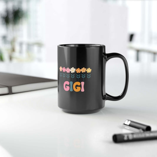 Floral Gigi Black Ceramic Mug (11oz, 15oz) | Retro Gigi Coffee Cup