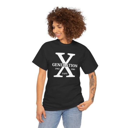 A mockup of a printed “Generation X” t-shirt in black. The front features a bold white “X” with “Generation” written across it, along with the years 1965-1980 and “FAFO” below. The model is smiling and posing casually, showcasing the design. This t-shirt is part of a print-on-demand collection.