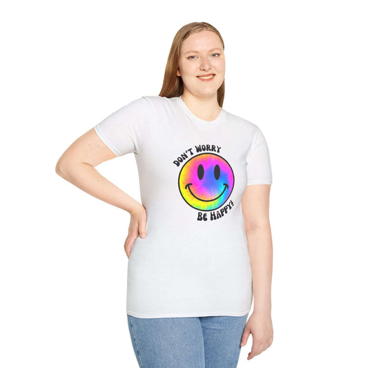 Don’t Worry, Be Happy! Rainbow Tie-Dye Smiley Face Unisex Softstyle T-Shirt