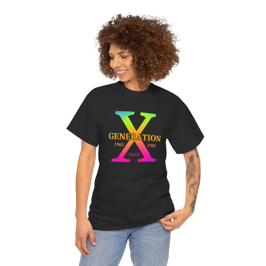 A mockup of a printed “Generation X” t-shirt in black. The front features a bold rainbow gradient “X” with “Generation” written across it, along with the years 1965-1980 and “FAFO” below. The model is smiling and posing casually, showcasing the design. This t-shirt is part of a print-on-demand collection.