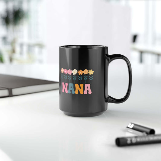 Floral Nana Black Ceramic Mug (11oz, 15oz) | Retro Nana Coffee Cup