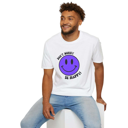 Don’t Worry, Be Happy! Purple Smiley Face Unisex Softstyle T-Shirt