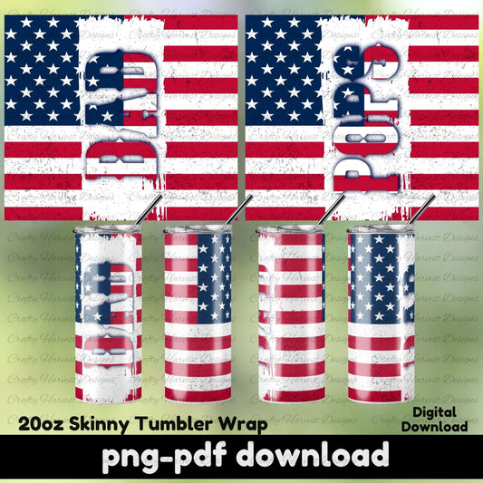 Side-by-side DAD and POPS patriotic tumbler wraps with American flag background, shown flat and on 20oz skinny tumblers, digital download PNG and PDF.