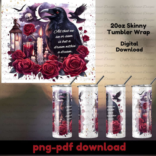 Digital download for a 20oz Skinny Tumbler wrap with a black crow, red roses, and candles design.