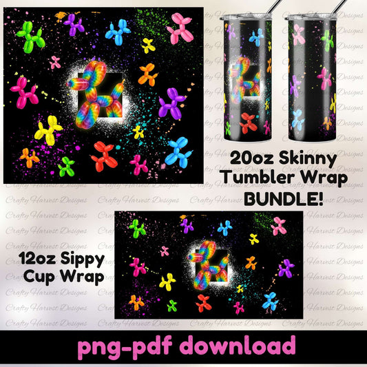 Colorful balloon animal design on tumblers and sippy cups with text indicating product bundle and file type.