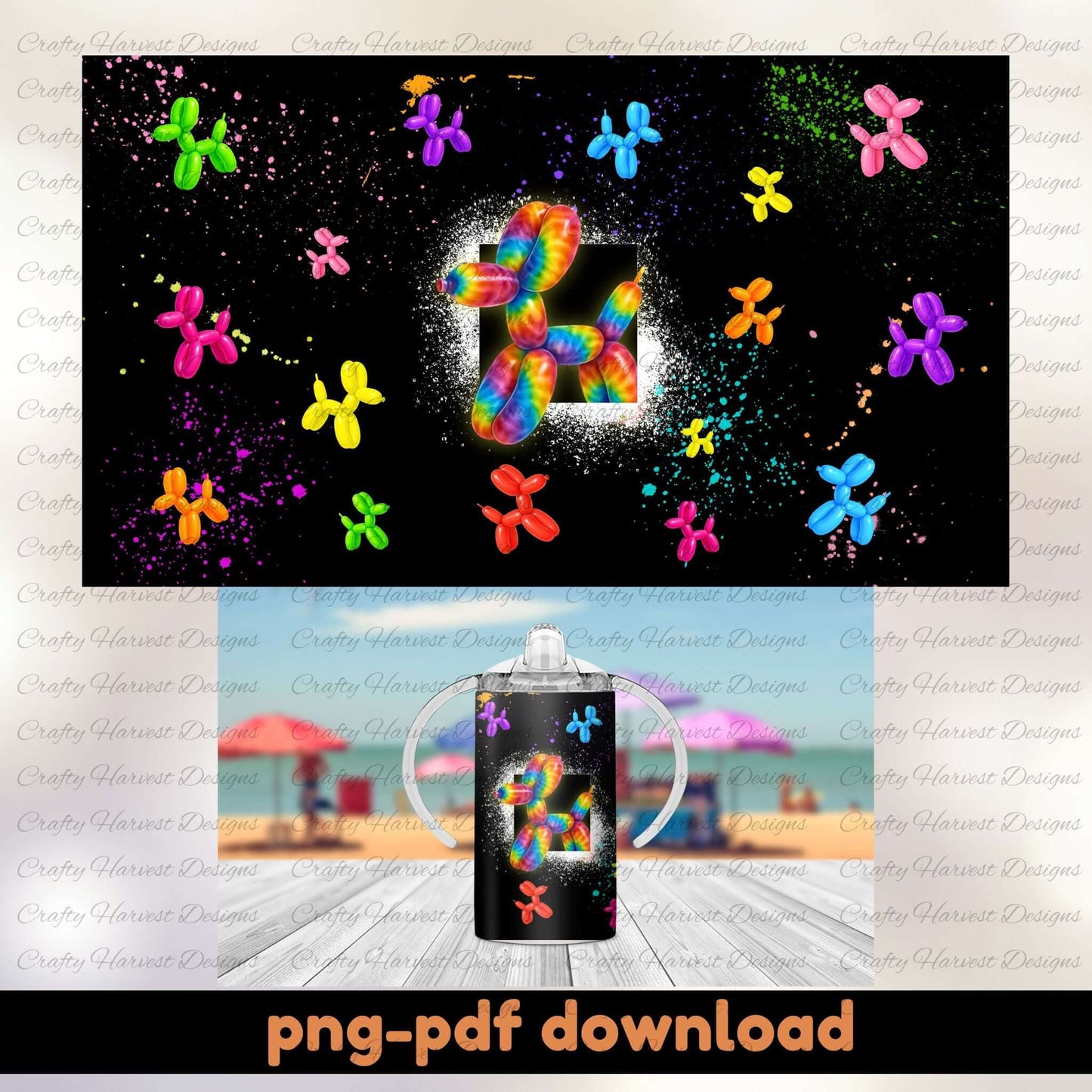 Colorful balloon animal design with a beach scene in the background, featuring a PNG and PDF download text.