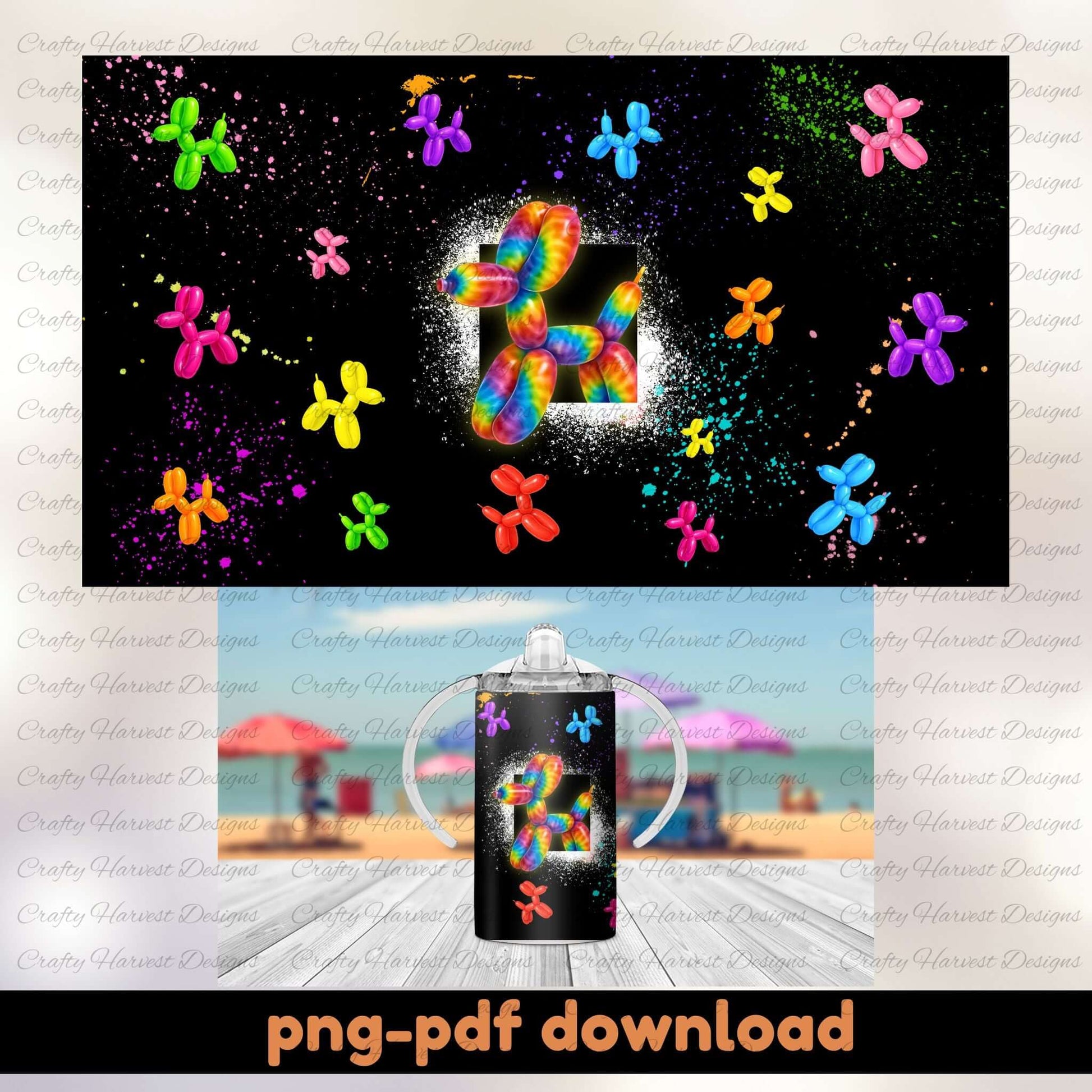 Colorful balloon animal design with a beach scene in the background, featuring a PNG and PDF download text.