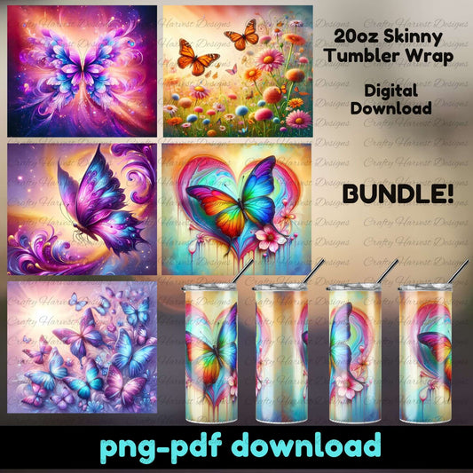 Digital download bundle for 20oz skinny tumbler wraps with butterfly designs and floral elements.