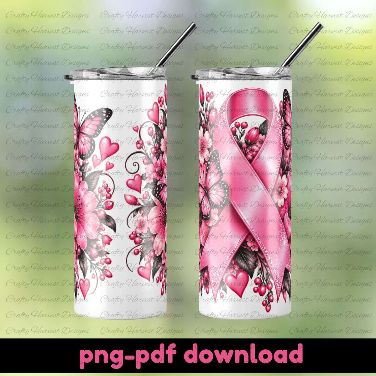 Two views of a white insulated tumbler with a clear lid and metal straw, printed with a pink ribbon, pink flowers, butterflies, and berries. The left tumbler shows the front design, and the right tumbler shows the back design.