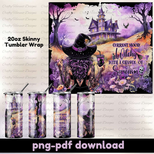 Tumbler wrap design with a witch, haunted house, and Halloween elements on a purple background.