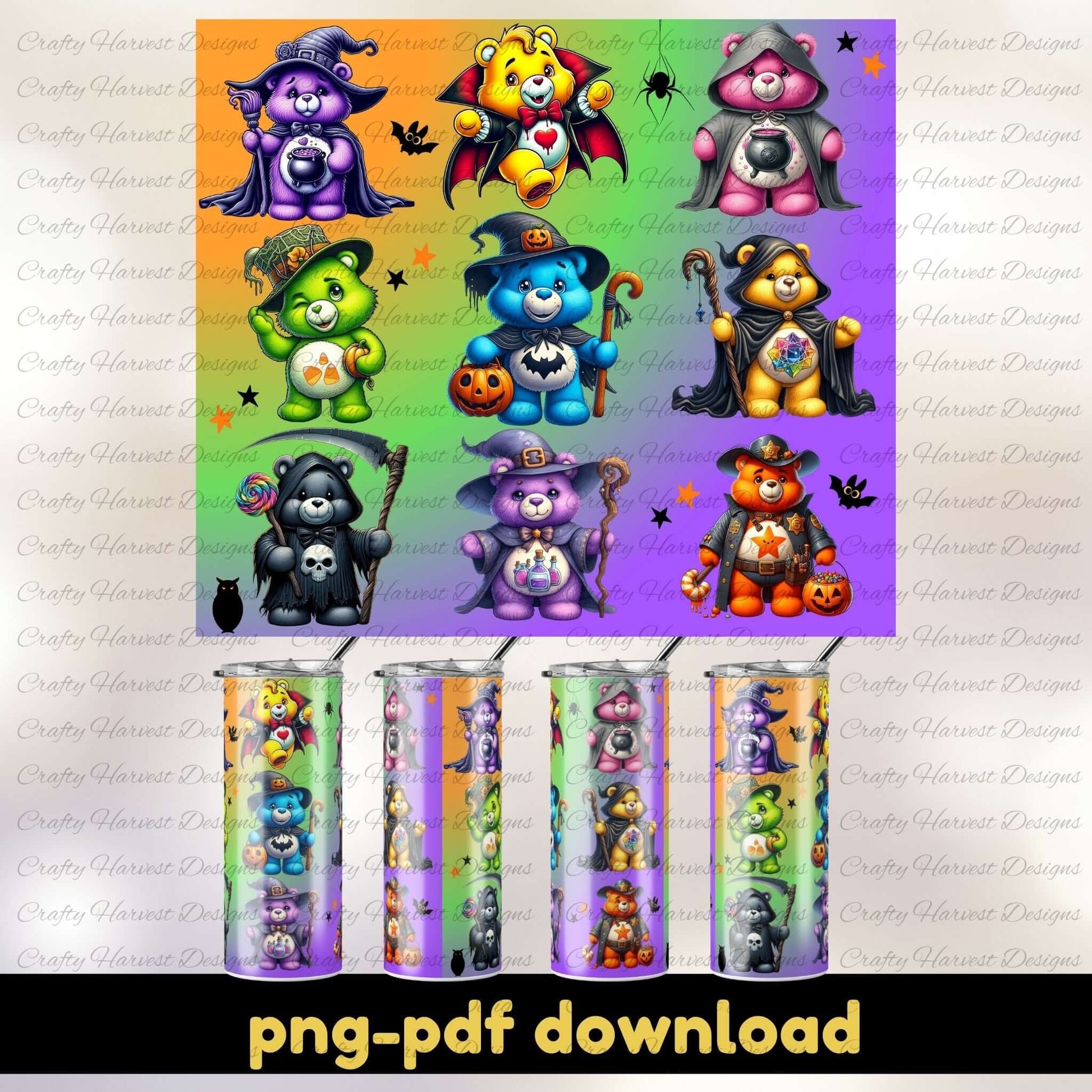 A digital preview of a Halloween tumbler wrap design showing colorful cartoon bears dressed as witches, vampires, skeletons, and reapers on a rainbow gradient background. Mockups of 20oz skinny tumblers with the wrap applied are shown below. The text “png pdf download” appears at the bottom.