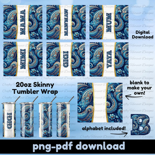 20oz Blue Paisley Family Tumbler Wrap Bundle