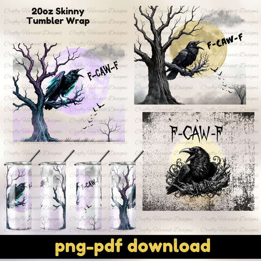Collage of tumbler wrap designs with crows and trees, featuring the text 'F-CAW-F'.