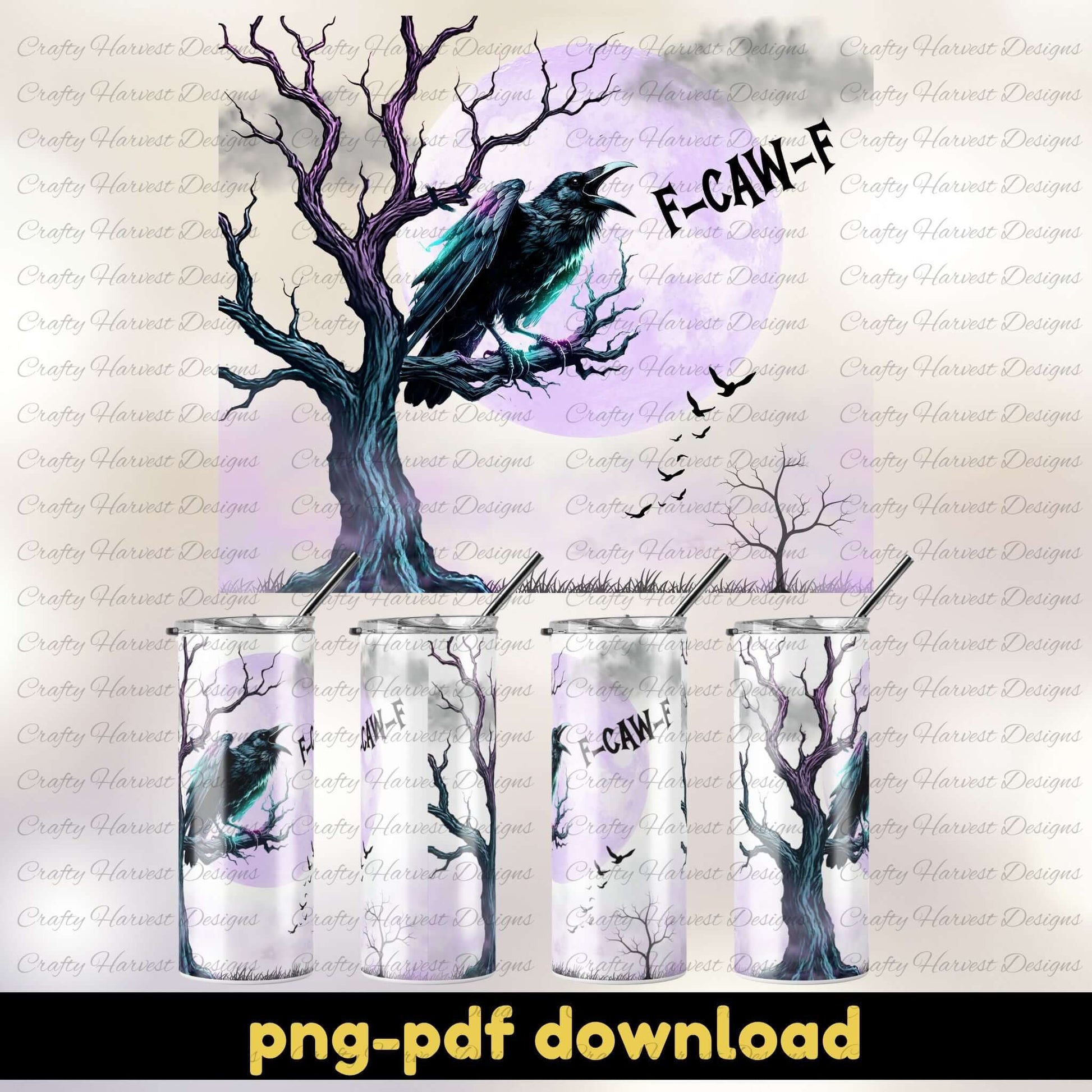 Tumbler design with a crow and tree on a purple background, featuring the text 'F-CAW-F'.