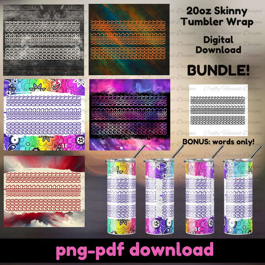 Collage of tumbler wrap designs with digital download options on a gray background.