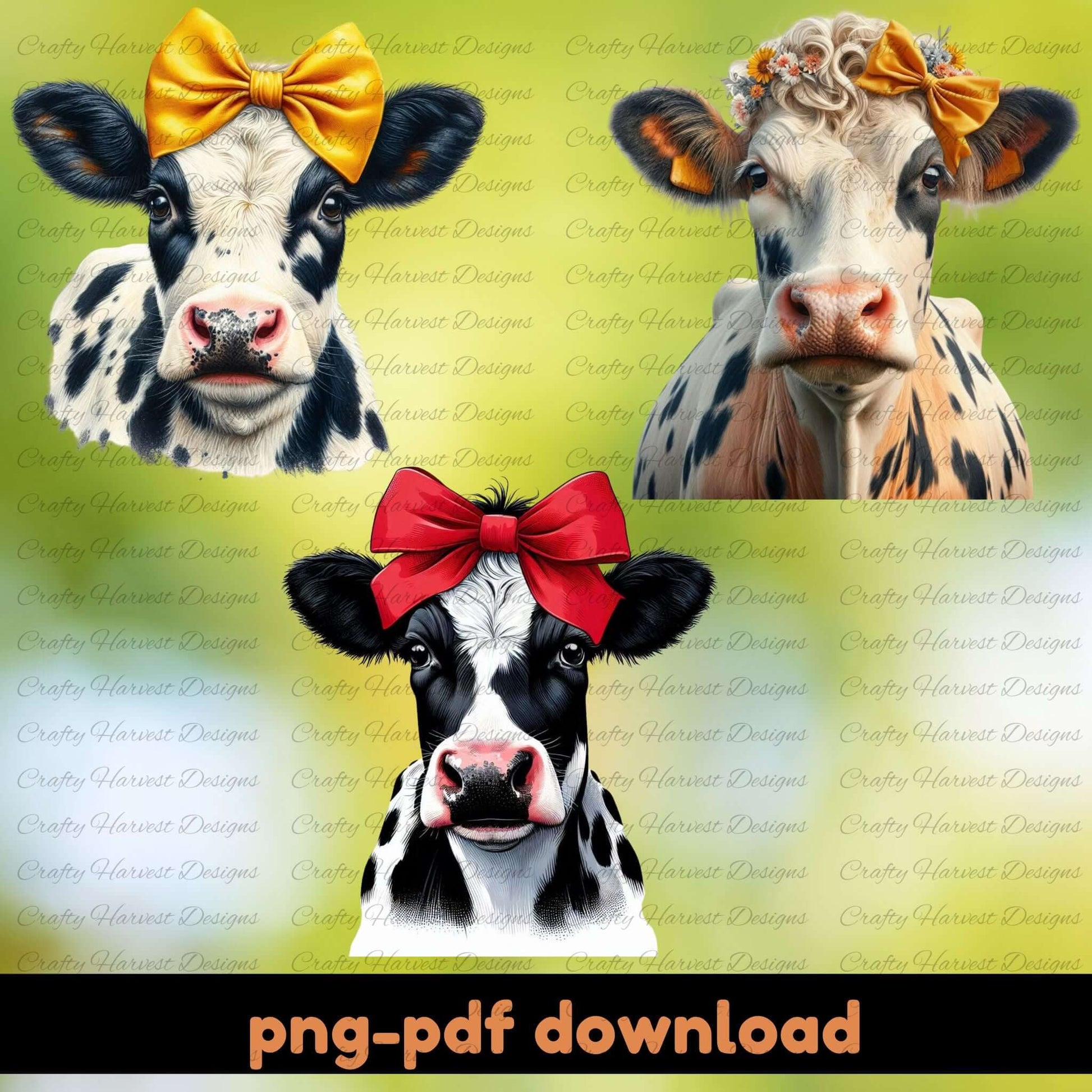 Three cows with colorful bows on a green background with 'Crafty Harvest Designs' watermark.