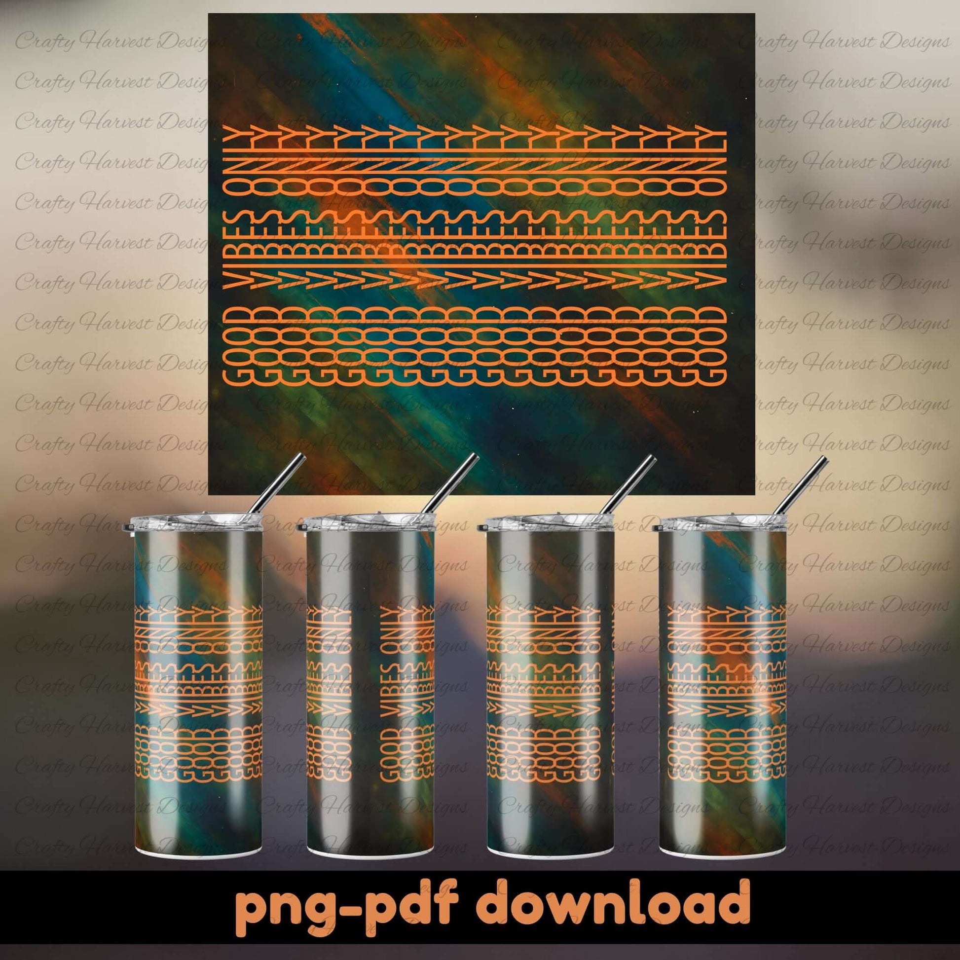 Metallic tumblers with a geometric pattern on a matching background, featuring 'Crafty Harvest Designs' branding.