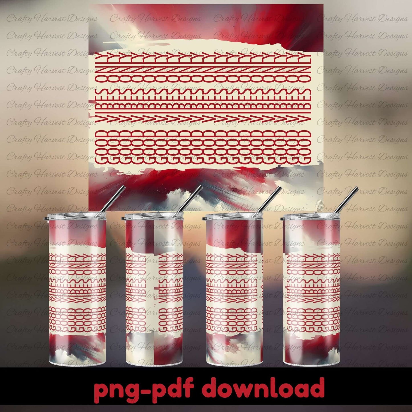 Red and white patterned design with tumblers and straws on a dark background.
