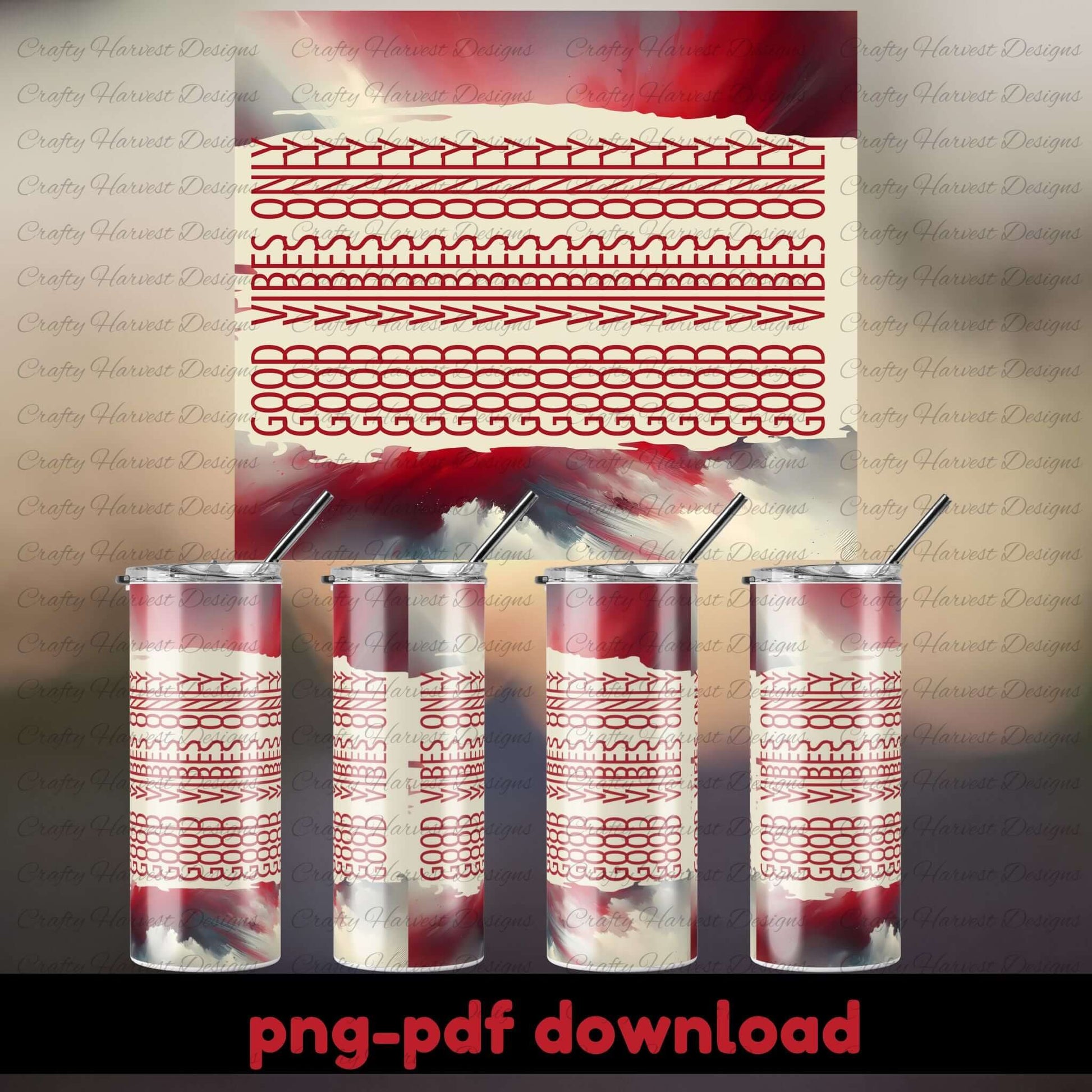Red and white patterned design with tumblers and straws on a dark background.