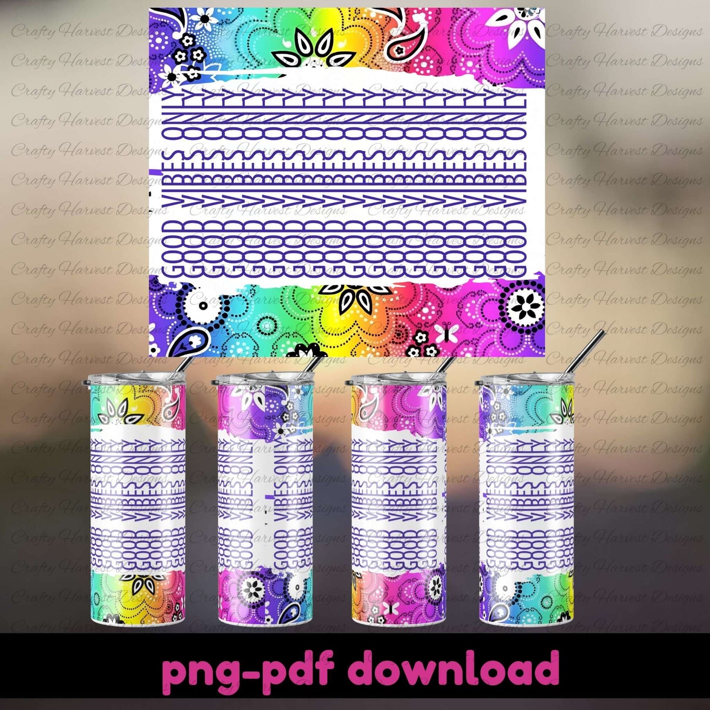 Colorful tumbler designs with patterns and text on a gradient background