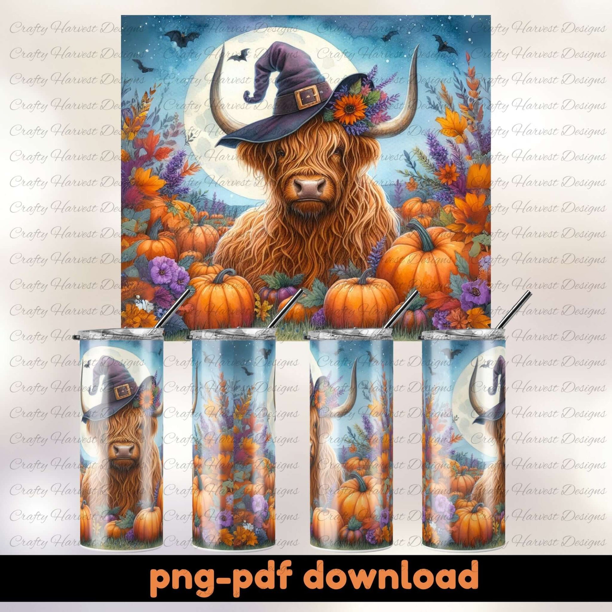 Tumblers with a cow wearing a witch hat and surrounded by pumpkins and flowers on a white background.