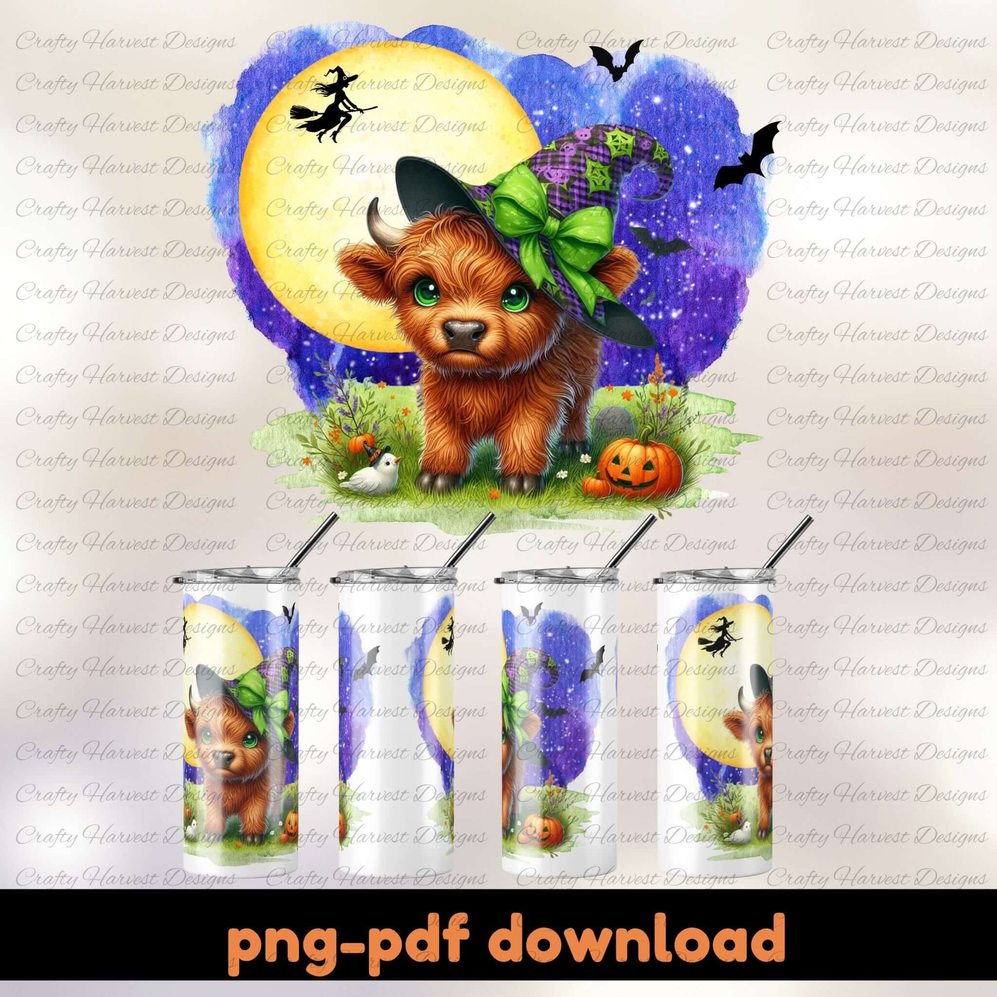 Tumbler design with a cute animal wearing a witch hat against a Halloween-themed background.