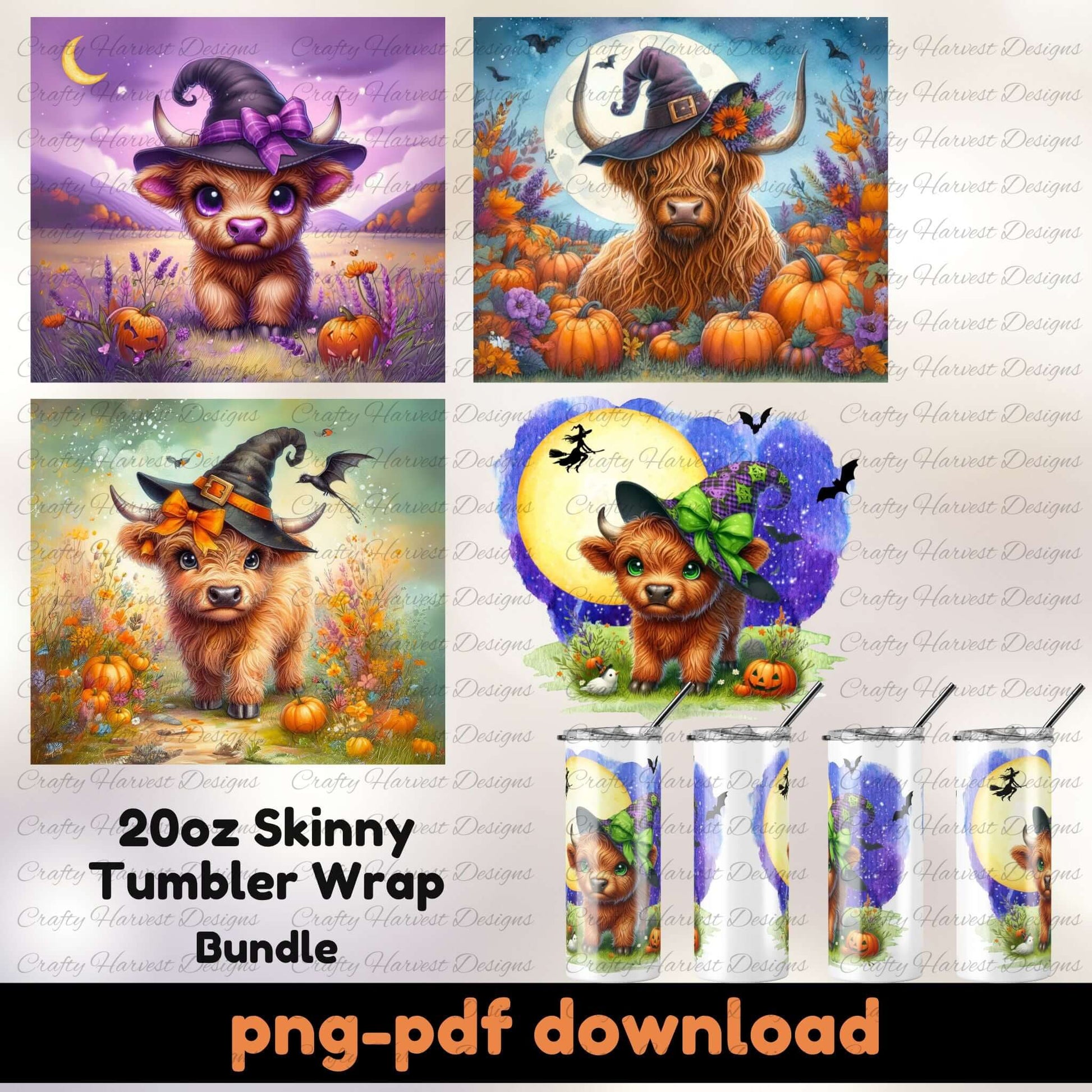 Set of Halloween-themed tumbler wraps with a cow character on a white background.
