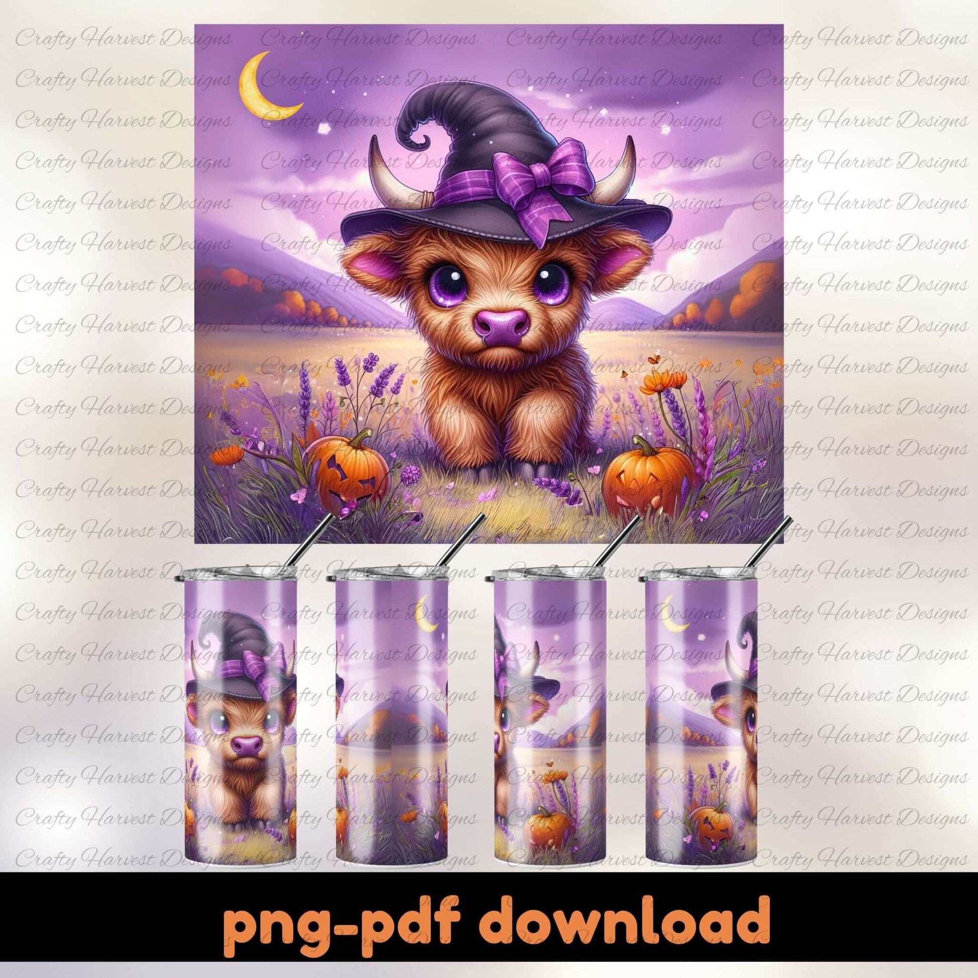 Cute cow in a witch hat with pumpkins and lavender, surrounded by tumblers with the same design.