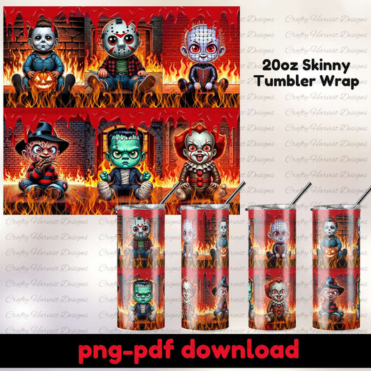 Tumbler wrap design with horror-themed characters on a red background, featuring 20oz skinny tumblers.