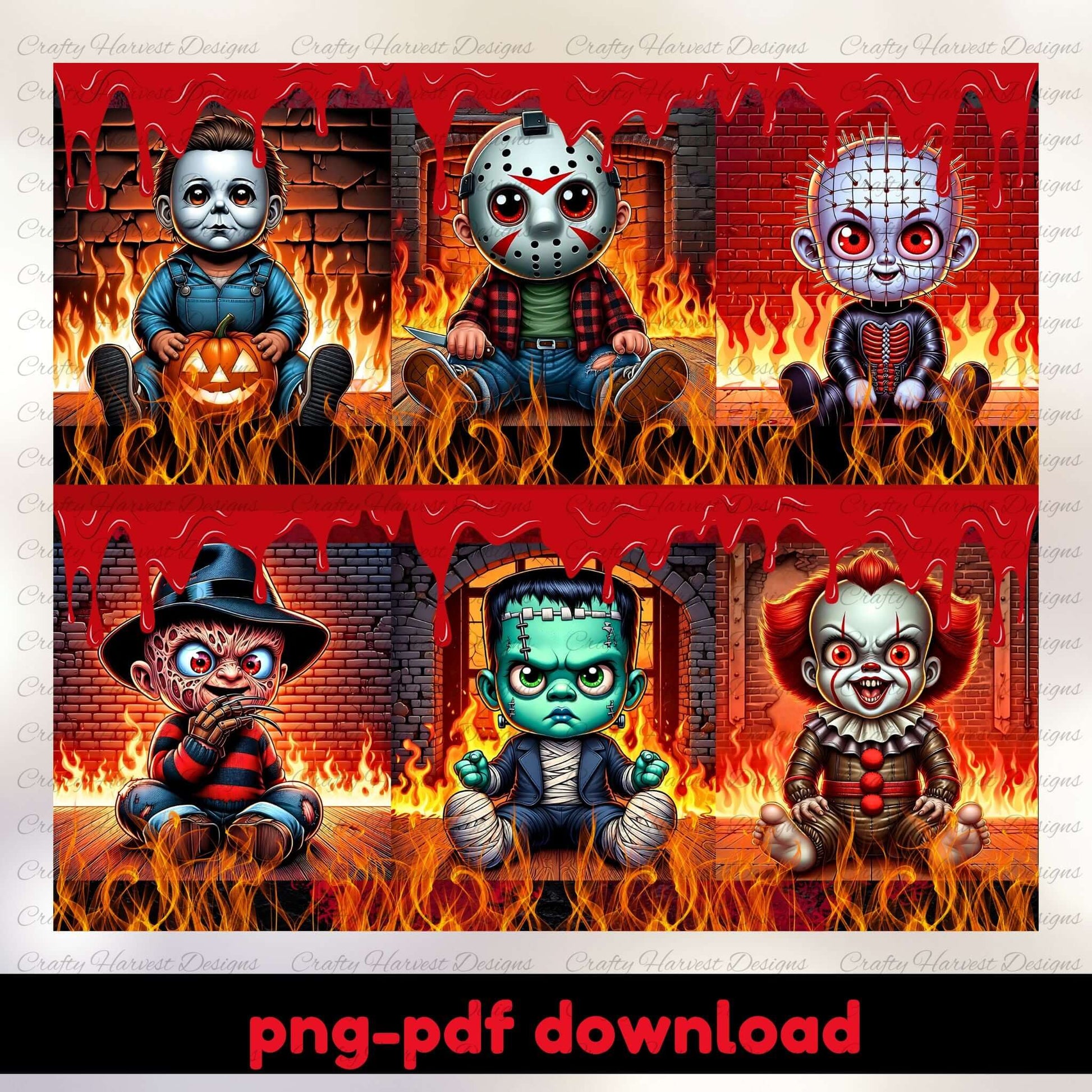 Five animated characters in a fiery, urban setting with text 'png-pdf download'.