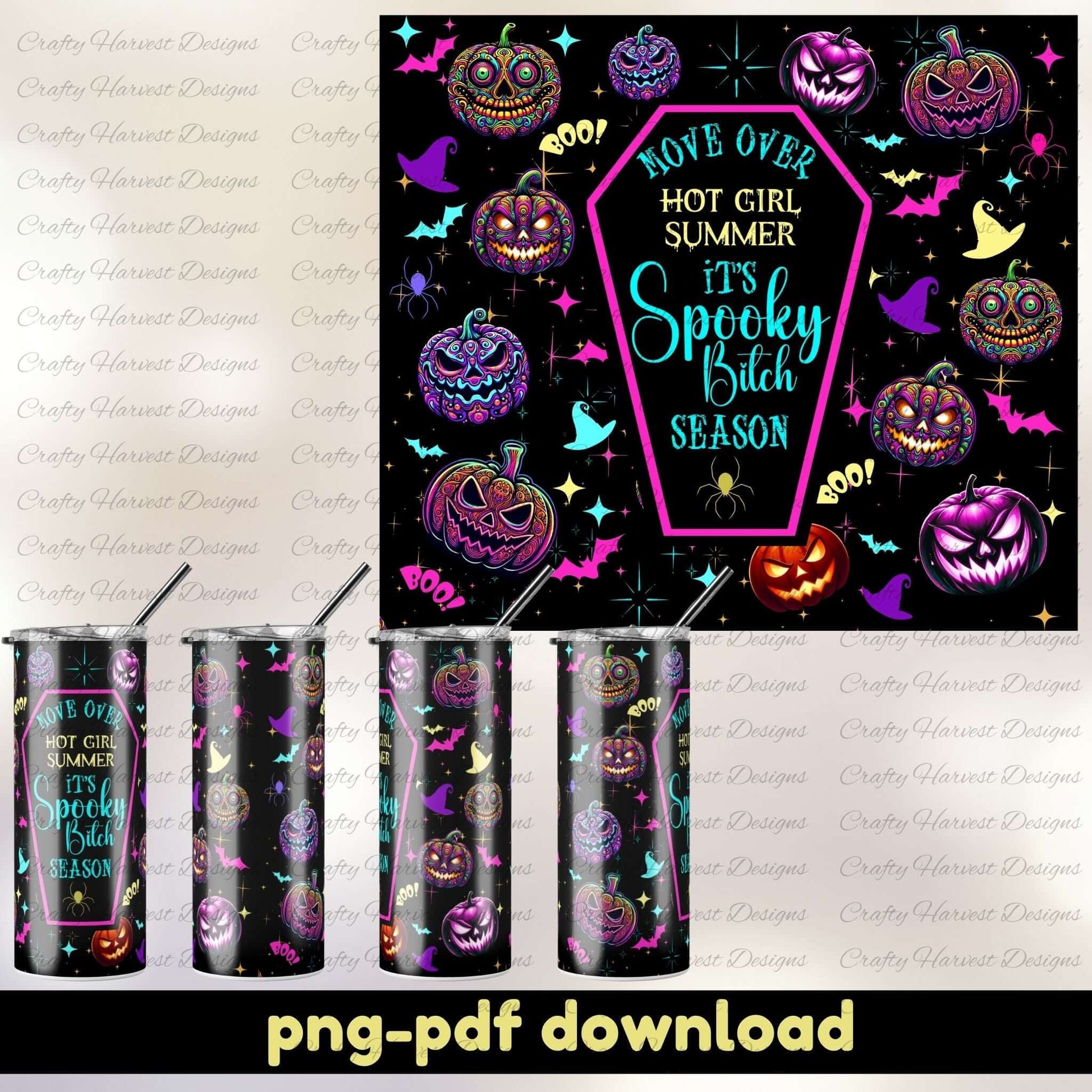 Halloween-themed tumbler design with colorful pumpkins and text, featuring a coffin-shaped frame.