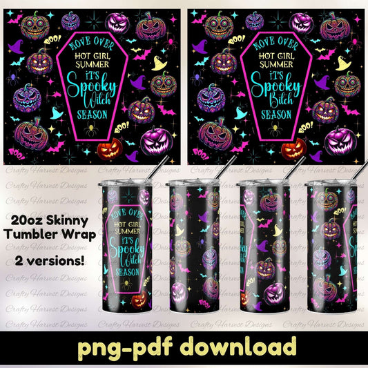 Halloween-themed tumbler wrap design with pumpkins and text on a black background.
