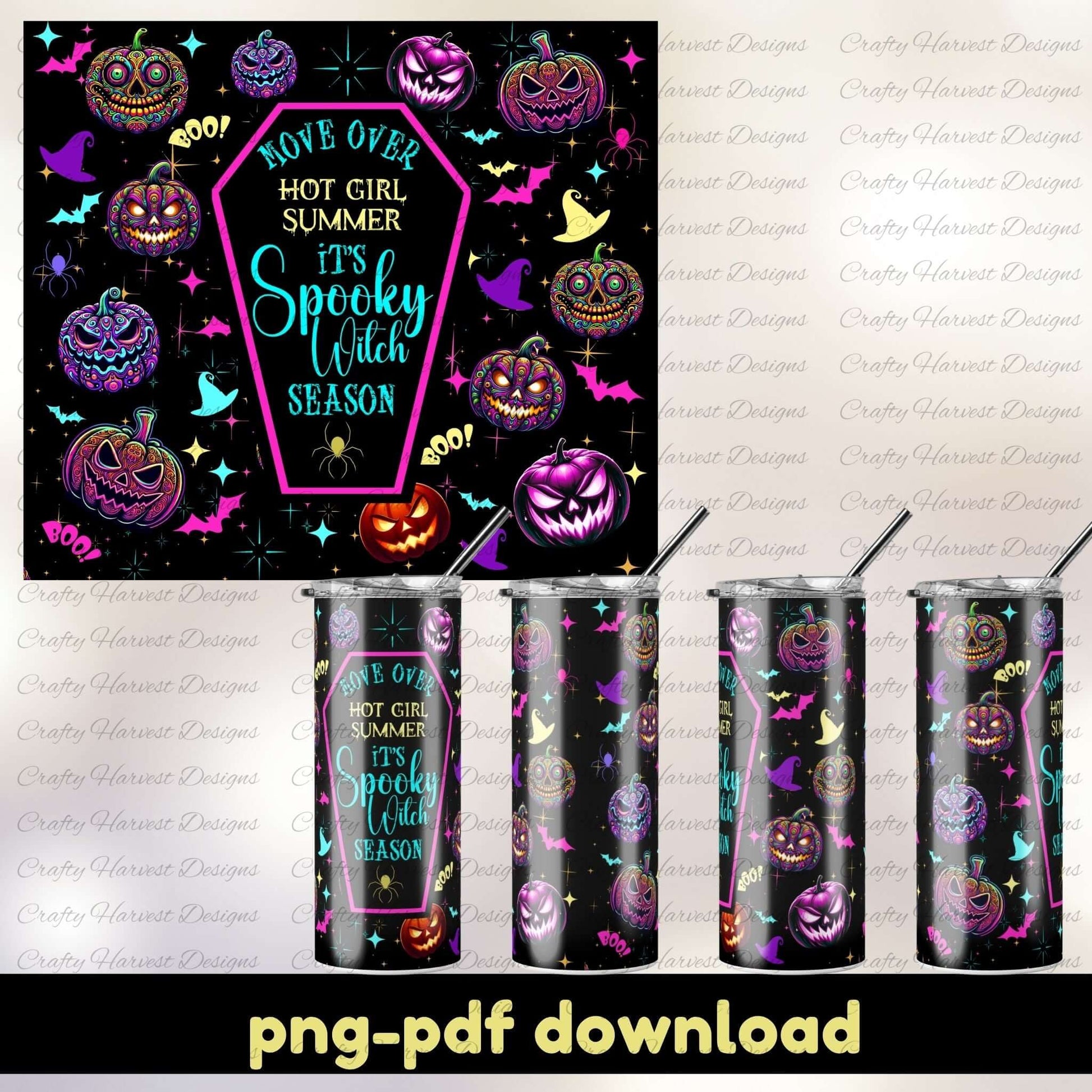 Halloween-themed tumbler design with pumpkins and text on a black background, featuring a PNG and PDF download option.