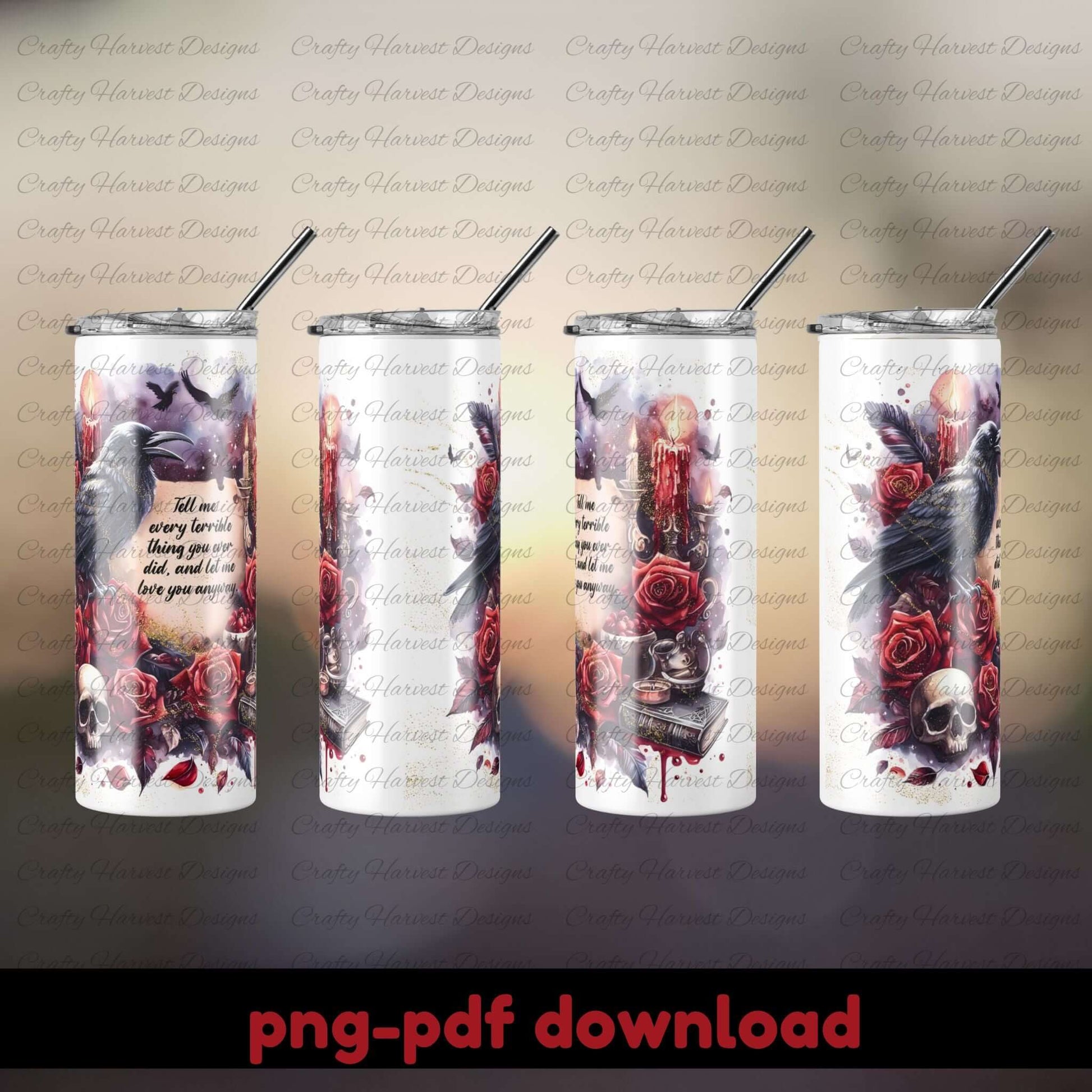 Four tumblers with artistic designs and text on a gray background,