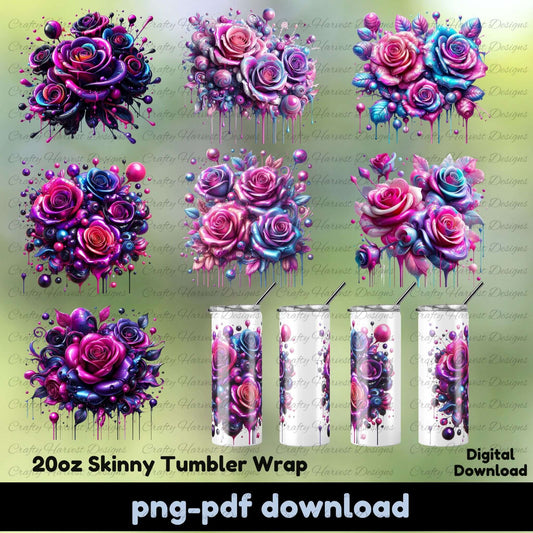 Digital design of colorful rose patterns for 20oz skinny tumbler wrap with digital download options.