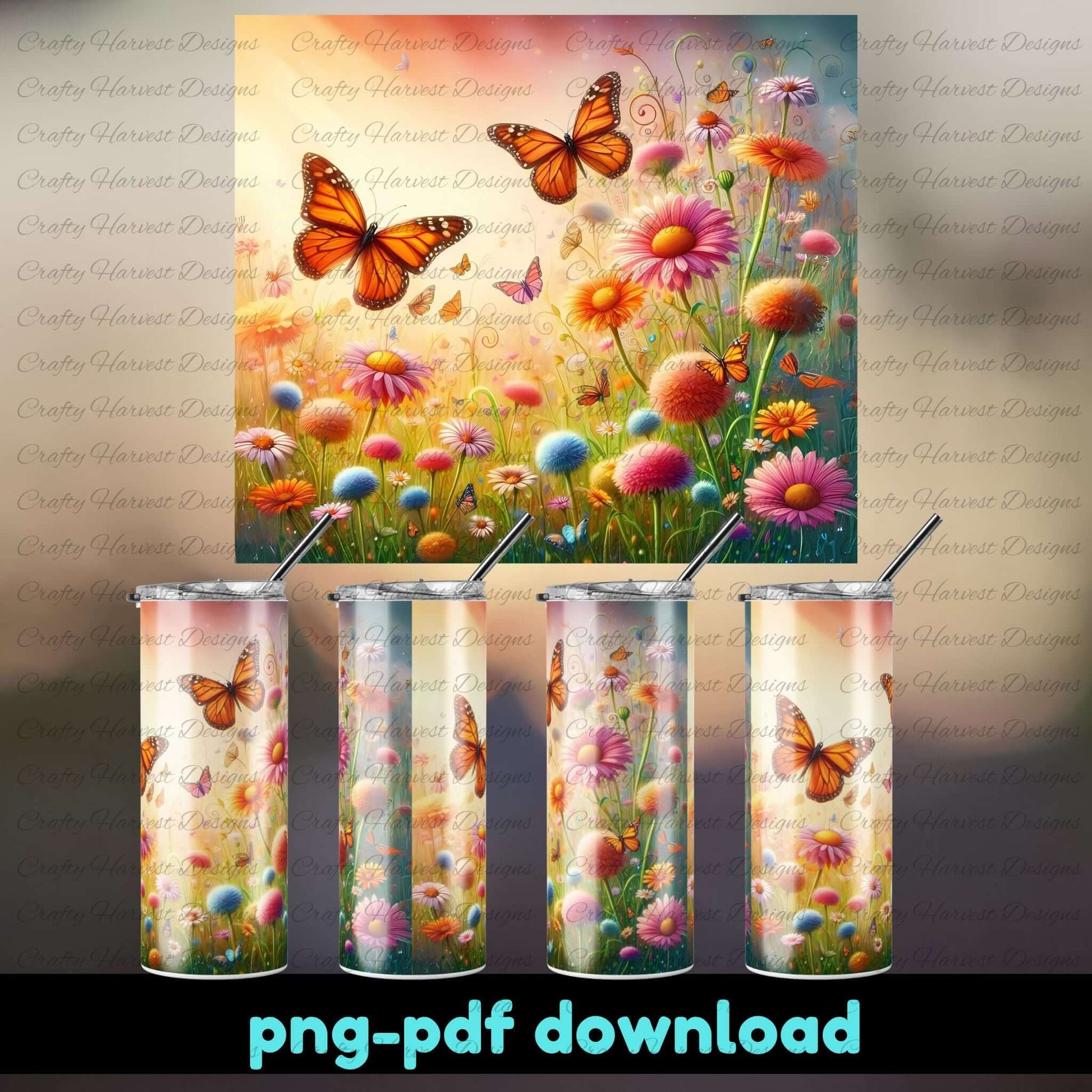 Set of tumblers with butterfly and floral design on a gradient background
