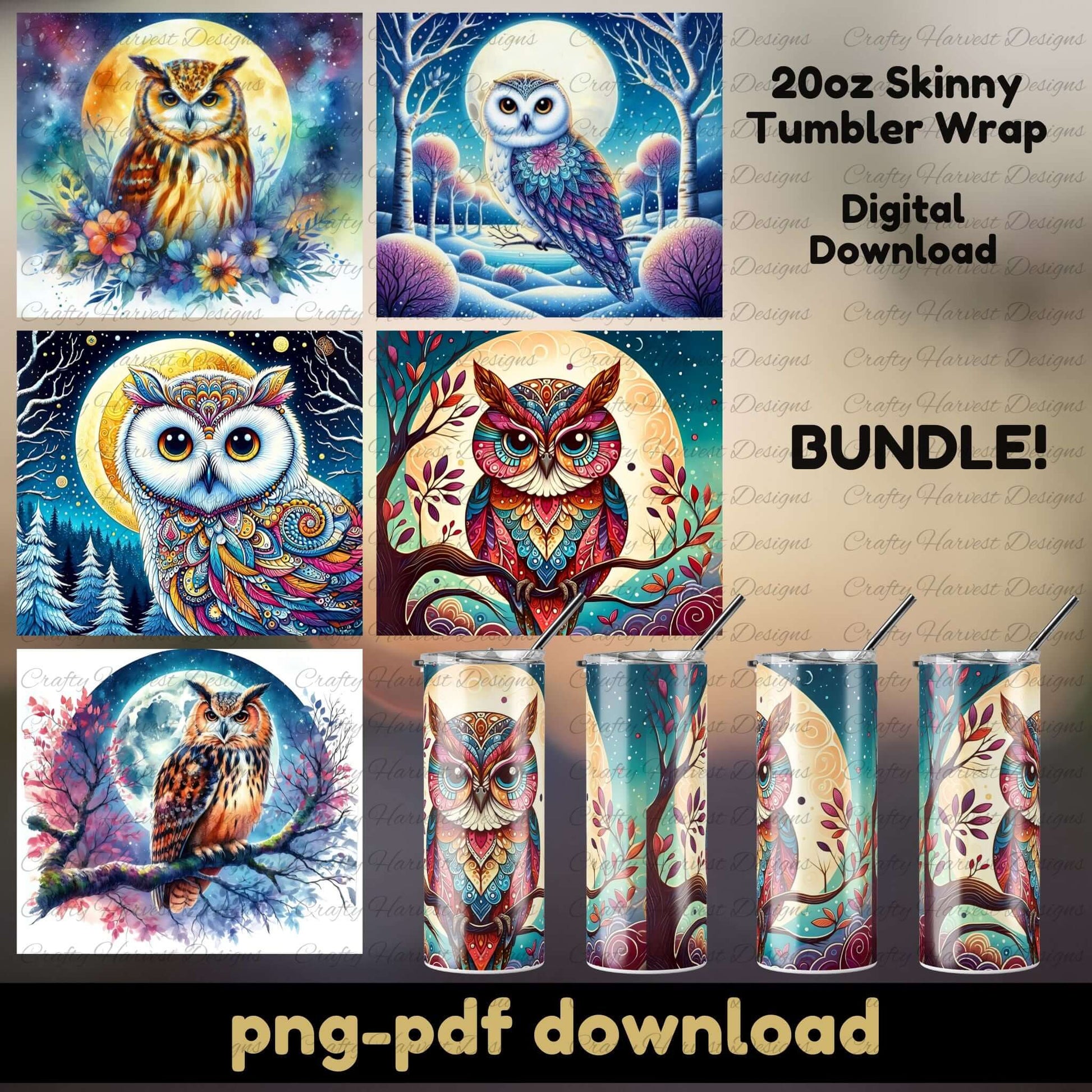 Collection of owl-themed tumbler wraps with digital download options on a beige background.