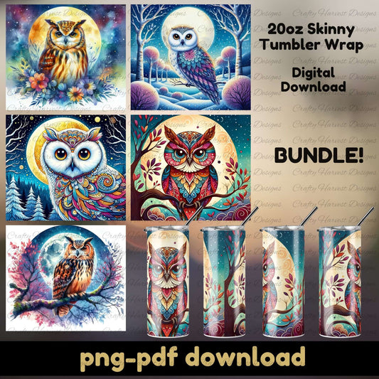 Collection of owl-themed tumbler wraps with digital download options on a beige background.